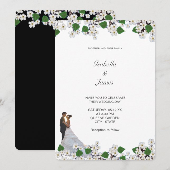 Elegant Black & White Jasmine Floral Wedding Invitation (Front/Back)