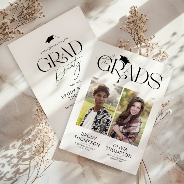 Elegant Black & White Joint Graduation Party Photo Invitation (Creator Uploaded)