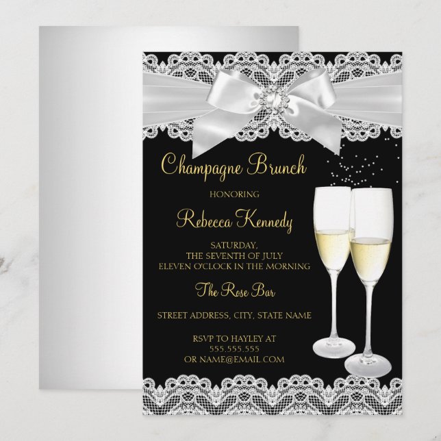 Elegant Black White Lace Champagne Brunch Invite (Front/Back)