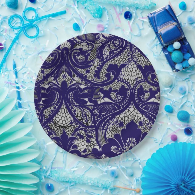 Elegant Black & White Lace Pattern Paper Plates (Party)