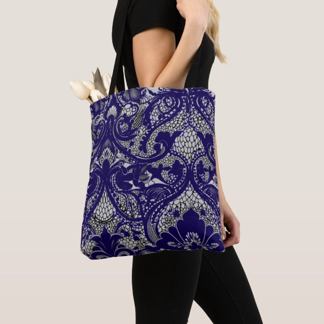 Elegant Black & White Lace Pattern Tote Bag (Close Up)