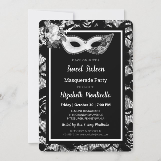 Elegant Black/White Lace Sweet 16 Masquerade Party Invitation (Front)