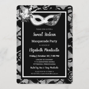 Elegant Black/White Lace Sweet 16 Masquerade Party Invitation