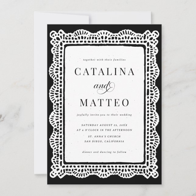 Elegant Black & White Lace Wedding Invitation (Front)