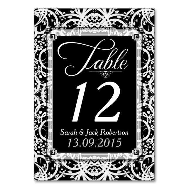 Elegant Black White Lace Wedding Table Number Card (Front)