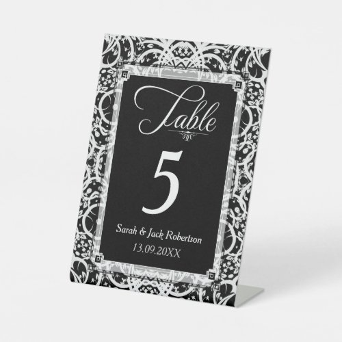 Elegant Black White Lace Wedding Table Number Card Pedestal Sign
