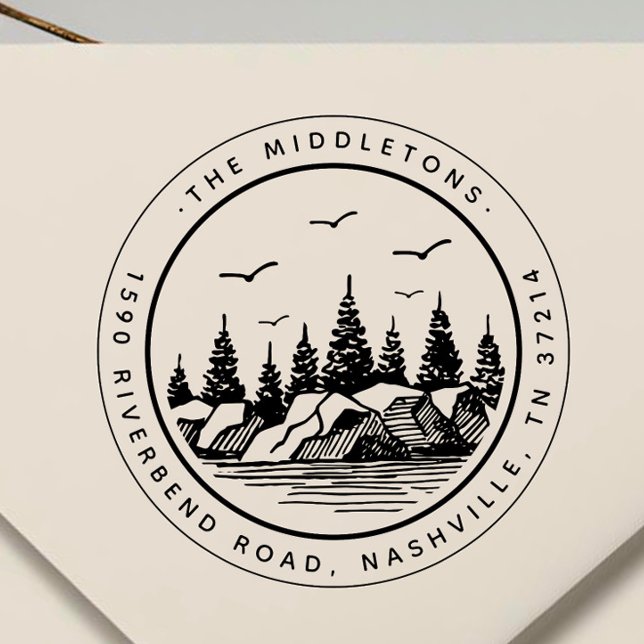 Elegant Black & White Landscape Return Address Rubber Stamp (Creator Uploaded)