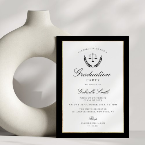 Elegant black  white law school graduation party invitation