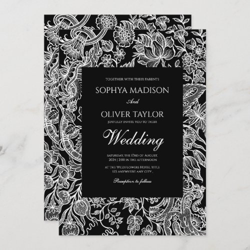 Elegant Black  White Line Art Wildflower Wedding Invitation