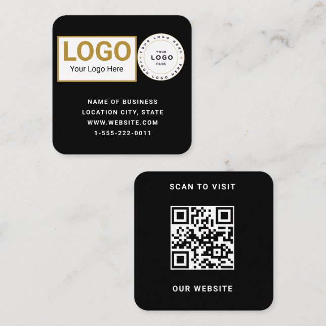 Elegant Black White Logo QR Code Scan Website Square Business Card (Front/Back)