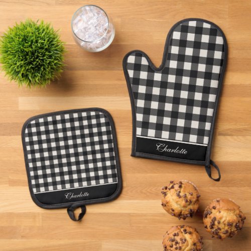 Elegant Black  White Lumberjack Plaid Custom Oven Mitt  Pot Holder Set