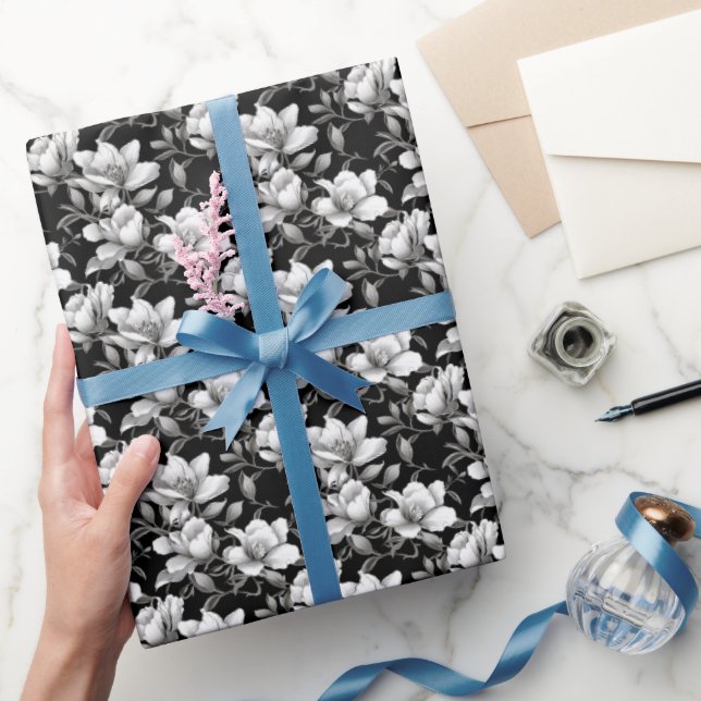 Elegant black white Magnolia flower tiled Wrapping Paper (Gifting)
