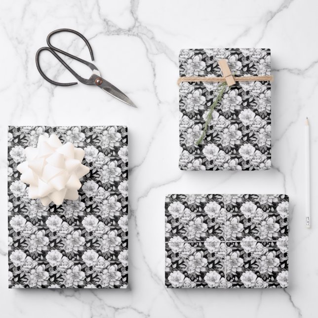 Elegant black white Magnolia flower tiled Wrapping Paper Sheets (Front)