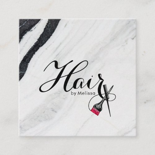 Elegant Black  White Marble Hair By Name QR Code Square Business Card