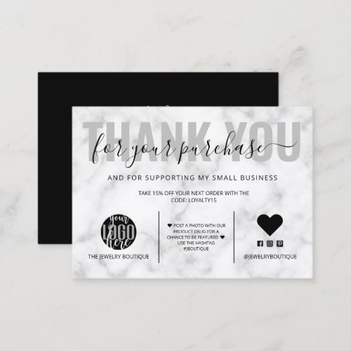 Elegant Black White Marble Logo Customer Thank You Business Card