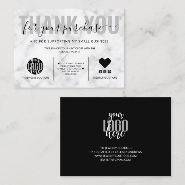 Elegant Black White Marble Logo Customer Thank You Business Card (Front/Back)