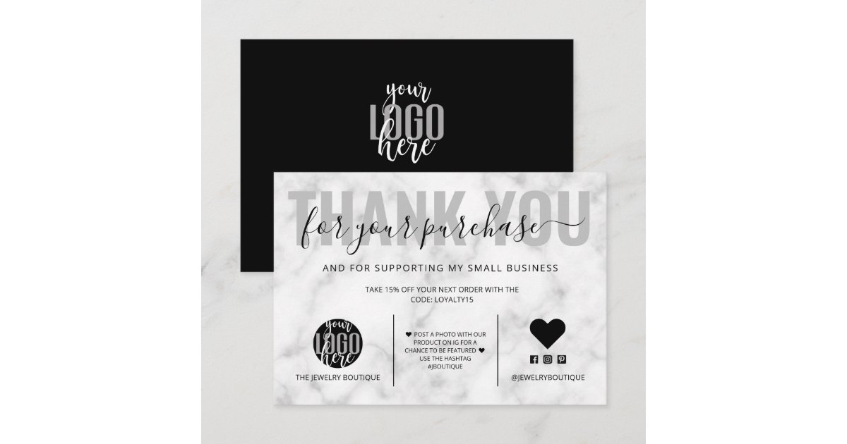 Elegant Black White Marble Logo Customer Thank You Card | Zazzle