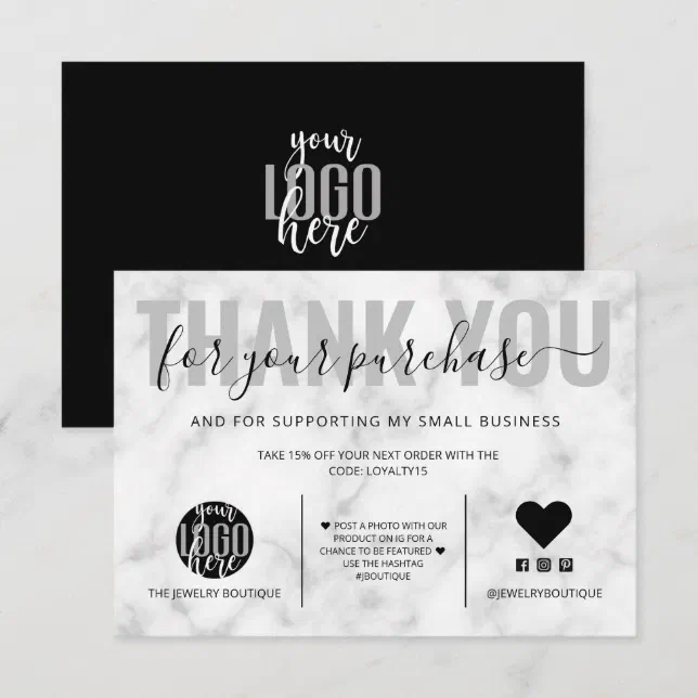 Elegant Black White Marble Logo Customer Thank You Card | Zazzle