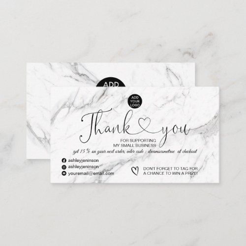 Elegant black white marble logo order thank you  business card