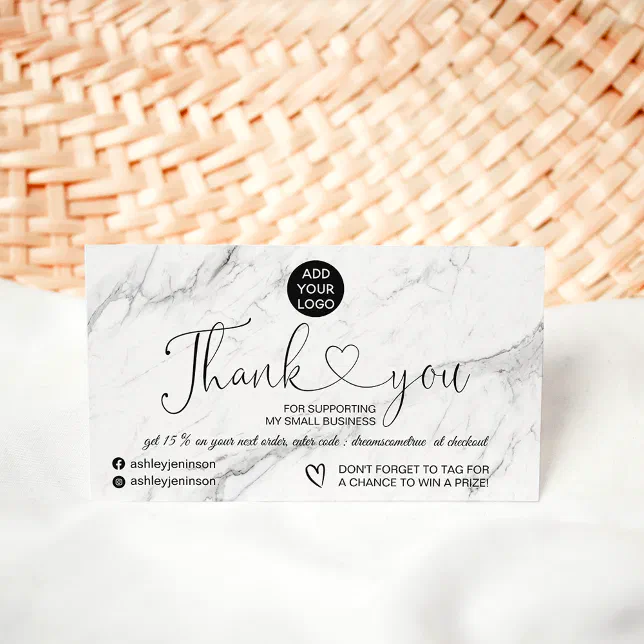 Elegant black white marble logo order thank you business card | Zazzle