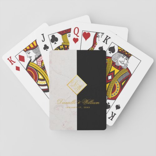 Elegant Black White Marble Monogram Gold Wedding Poker Cards