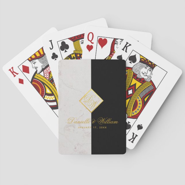 Elegant Black White Marble Monogram Gold Wedding Poker Cards (Back)