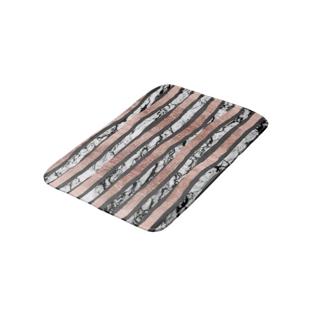 Elegant Black White Marble Rose Gold Brushstrokes Bathroom Mat (Angled)