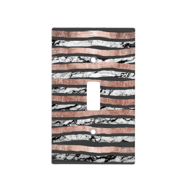 Elegant Black White Marble Rose Gold Brushstrokes Light Switch Cover (Front)