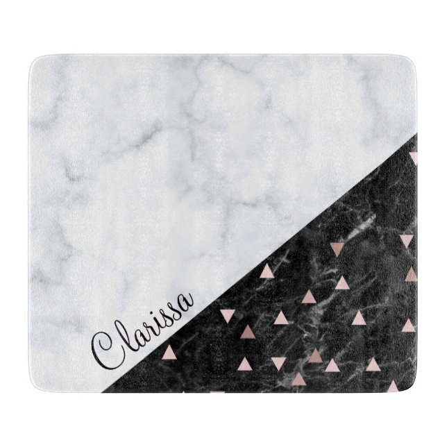elegant black white marble rose gold geometric cutting board (Front)