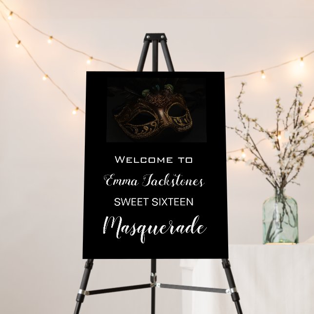 Elegant Black White Masquerade Birthday Welcome   Foam Board (In Situ (Stand))