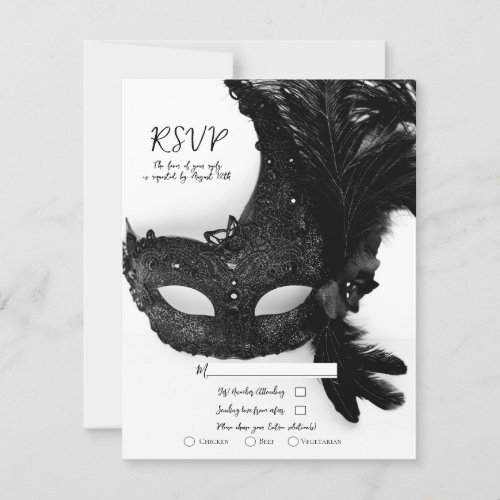 Elegant Black White Masquerade Mask Wedding RSVP  Invitation
