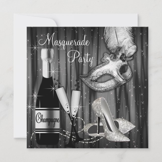 Elegant Black White Masquerade Party Invitation (Front)