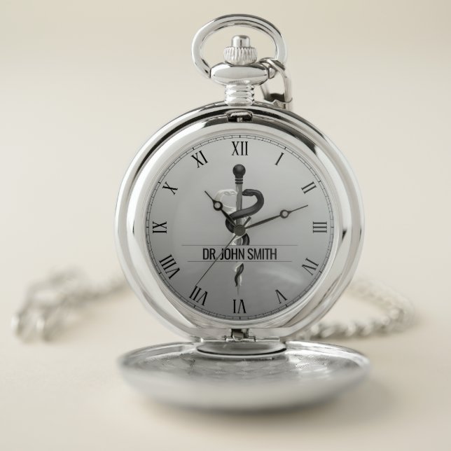 Elegant Black White Medical Asclepius Name Pocket Watch (Inside)
