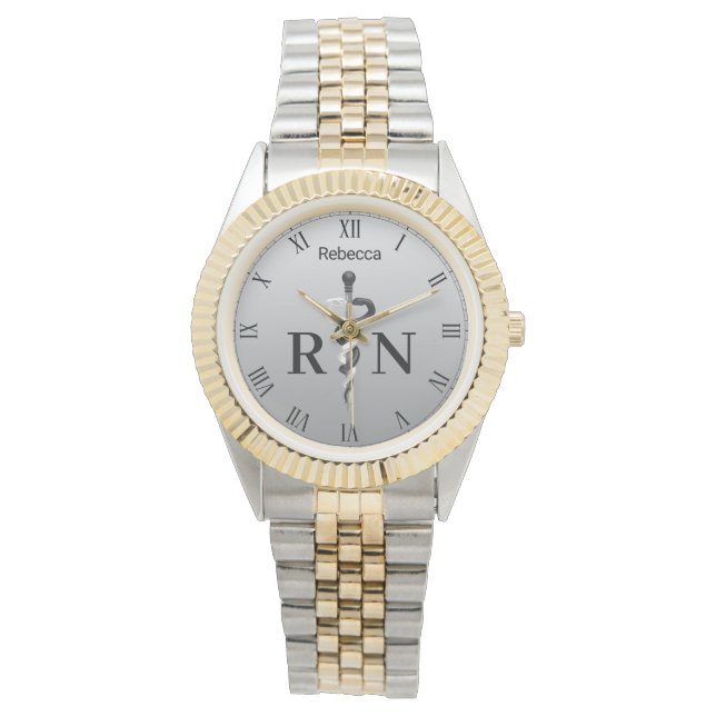 Elegant Black White Medical Asclepius Nurse RN Watch (Front)