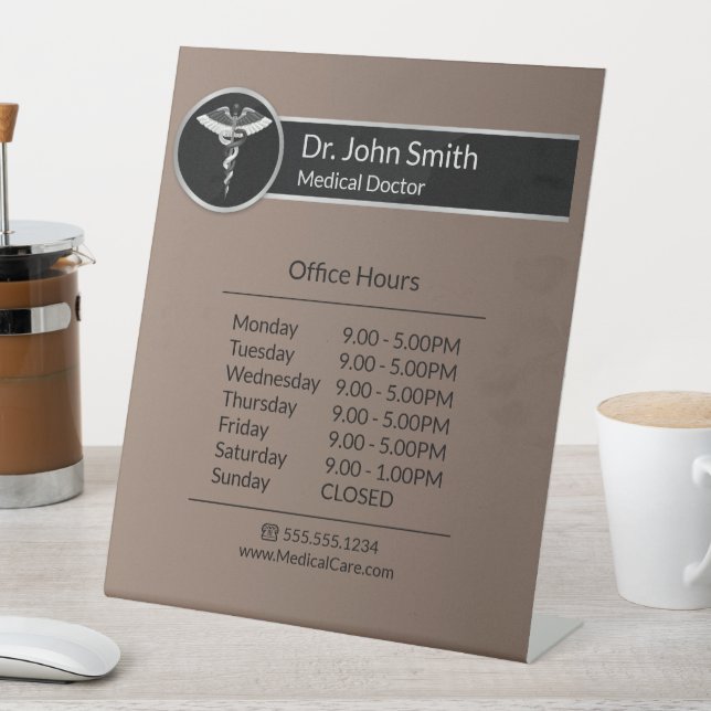 Elegant Black White Medical Caduceus Opening Hours Pedestal Sign (In SItu)