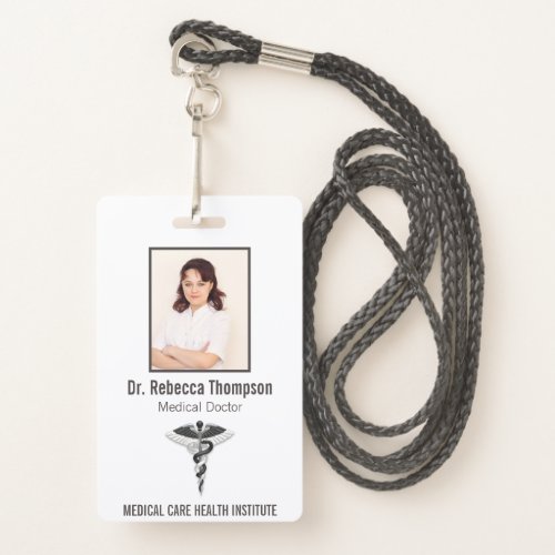 Elegant Black White Medical Caduceus Photo ID Badge