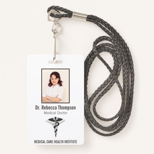 Elegant Black White Medical Caduceus Photo ID Badge (Front with Lanyard)
