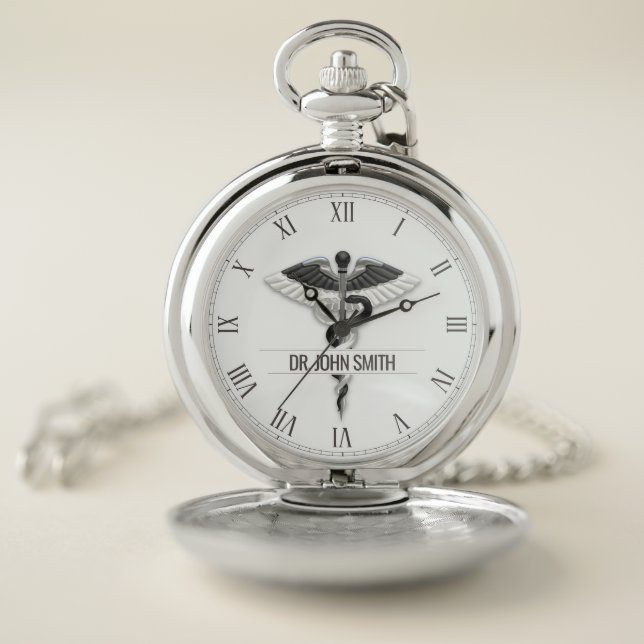 Elegant Black White Medical Classy Caduceus Name Pocket Watch (Inside)