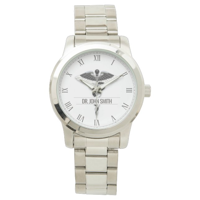 Elegant Black White Medical Classy Caduceus Name Watch (Front)