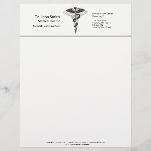 Elegant Black White Medical Classy Noble Caduceus Letterhead