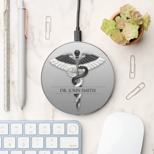 Elegant Black White Medical Classy Noble Caduceus Wireless Charger (Desk)