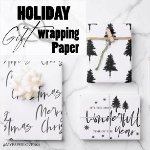 Elegant Black White Merry Christmas Quote Gift Wrapping Paper Sheets