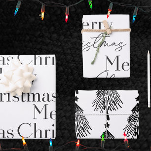 Elegant Black White Merry Christmas Tree Quote Wrapping Paper Sheets