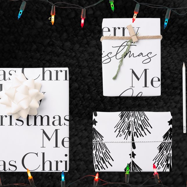 Elegant Black White Merry Christmas Tree Quote  Wrapping Paper Sheets (Creator Uploaded)