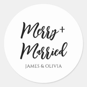 Elegant Black & White Merry & Married Christmas Classic Round Sticker
