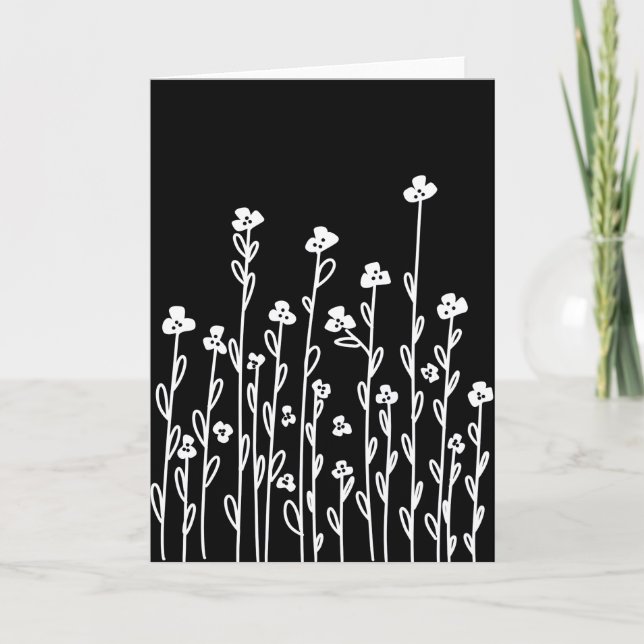 Elegant black white minimalist doodle floral card (Front)