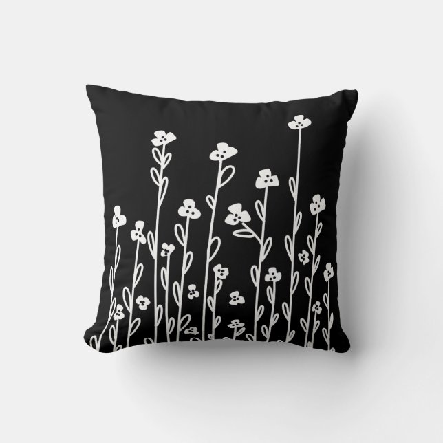 Elegant black white minimalist doodle floral throw pillow (Front)