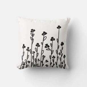 Elegant black white minimalist doodle floral throw pillow