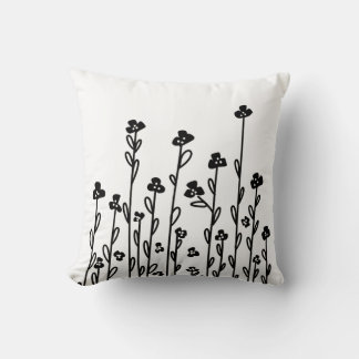 Elegant black white minimalist doodle floral throw pillow
