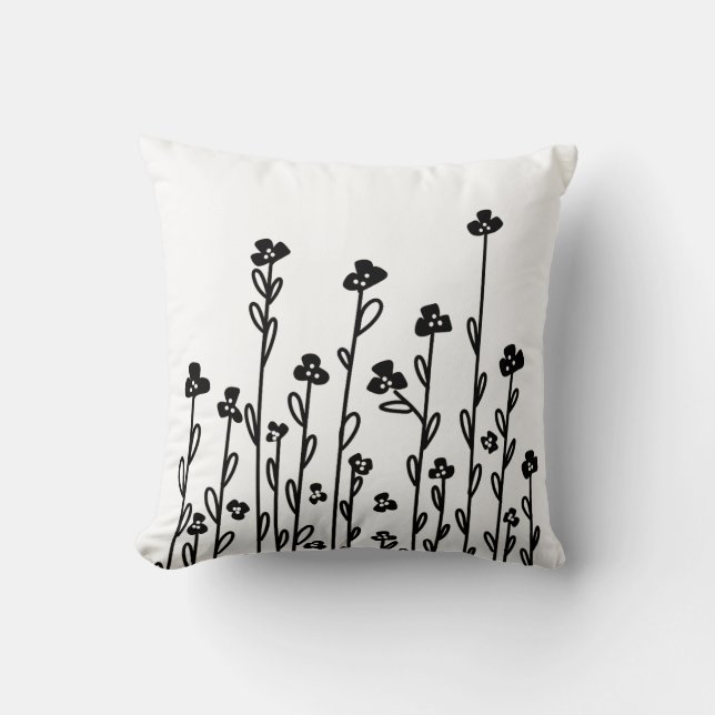 Elegant black white minimalist doodle floral throw pillow (Front)